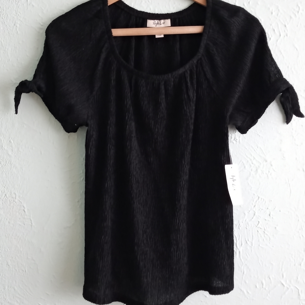 NWT Style & Co Womens Top Black Knit Tie Puff Short Scoop Neck Sleeves Sleeve S